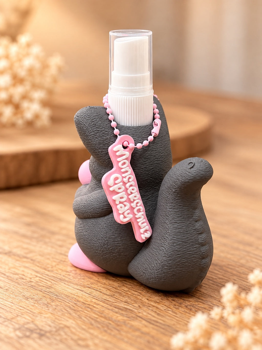Dunkelgrauer Monster-Sprayhalter seitlich mit Sprühflasche und Anhänger