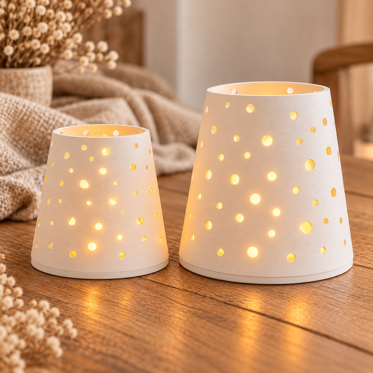 Zwei weiße 3D-gedruckte Laternen in klein und groß mit warm leuchtendem LED-Licht auf Holz