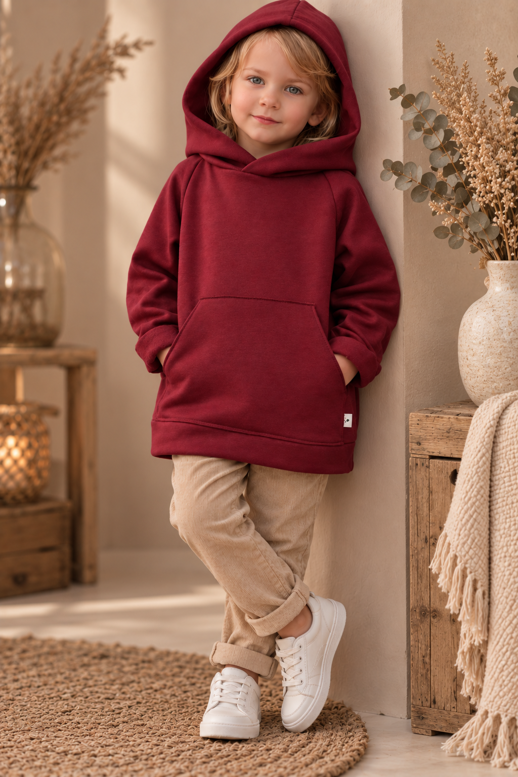 Detailansicht der Kinder Oversize-Hoodie Bordeaux mit Elch-Stickerei