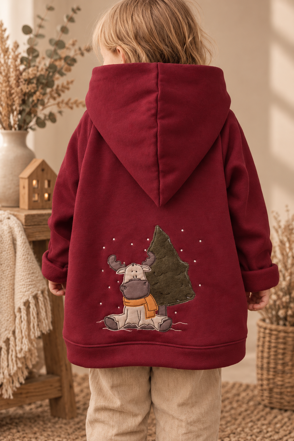 Kinder Oversize-Hoodie Bordeaux mit Elch-Stickerei