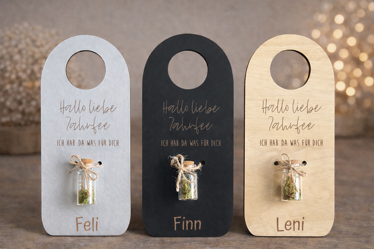 Personalisierter Zahnfee-Türanhänger mit Glasfläschchen