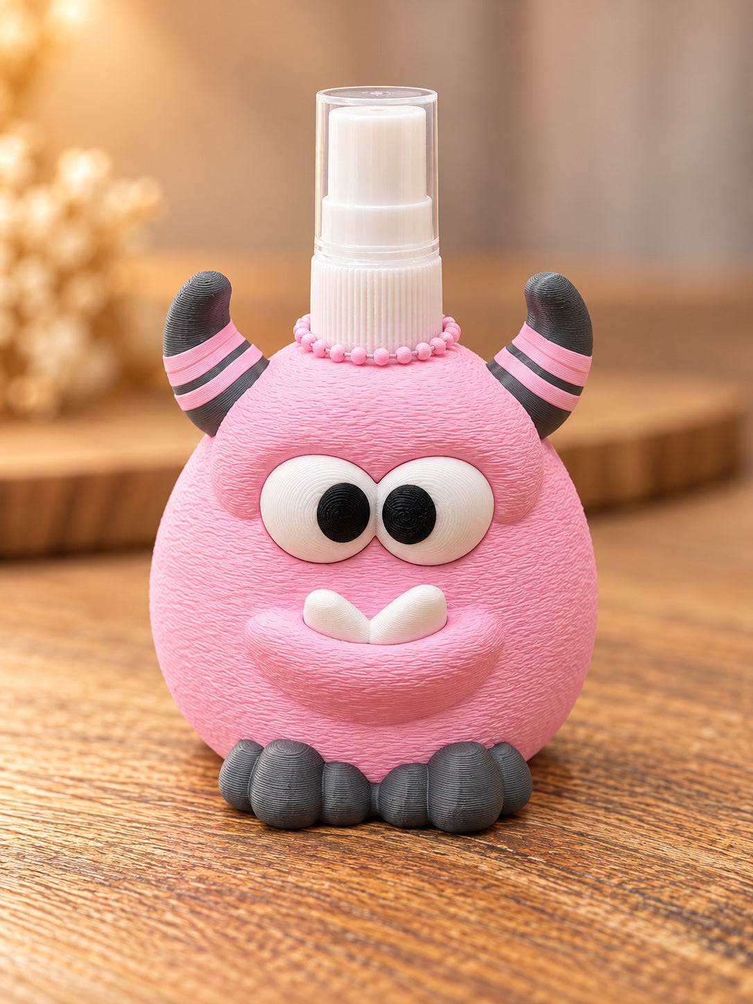 Rosa Monster-Sprayhalter von vorne mit Sprühflasche