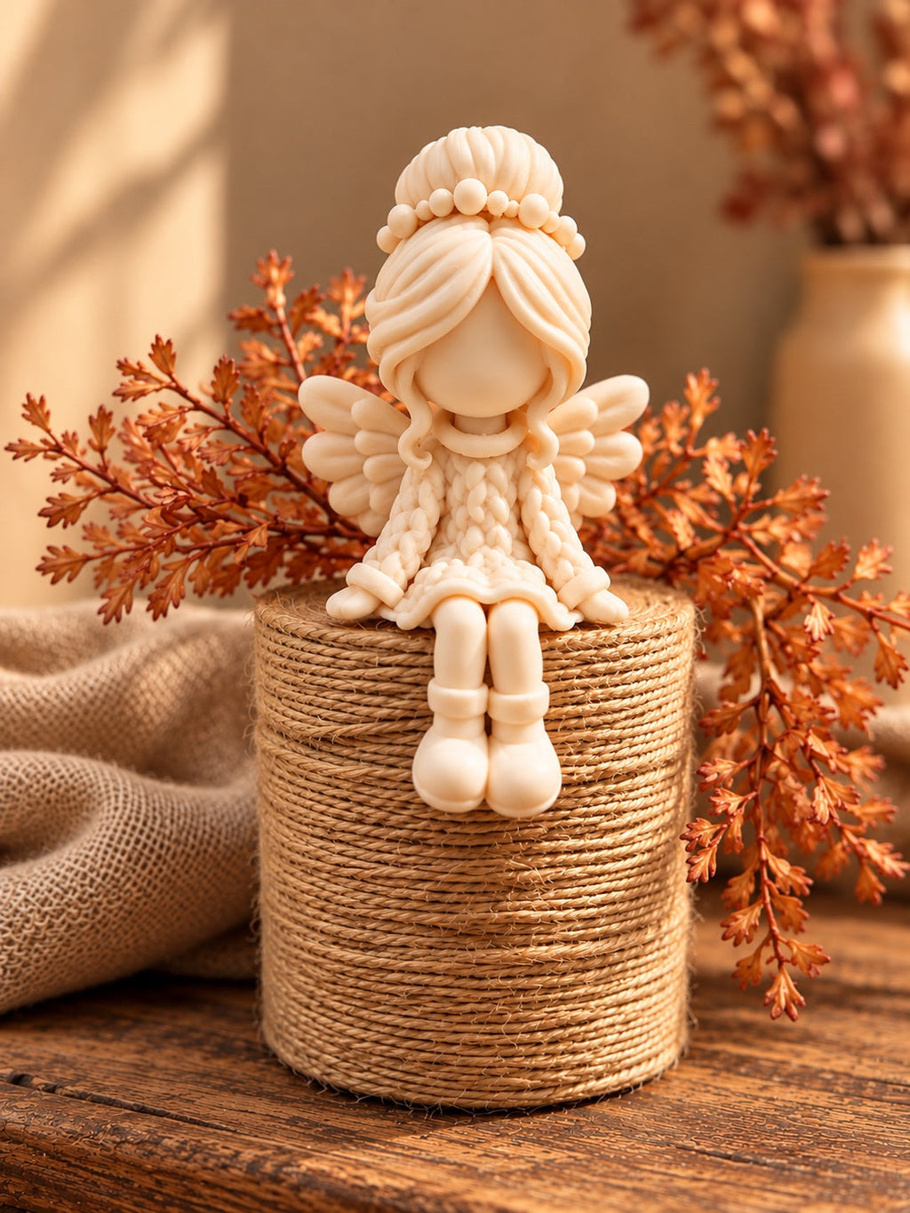 Cremefarbener 3D-gedruckter Engel-Kantenhocker auf einer Jutesäule mit herbstlicher Dekoration