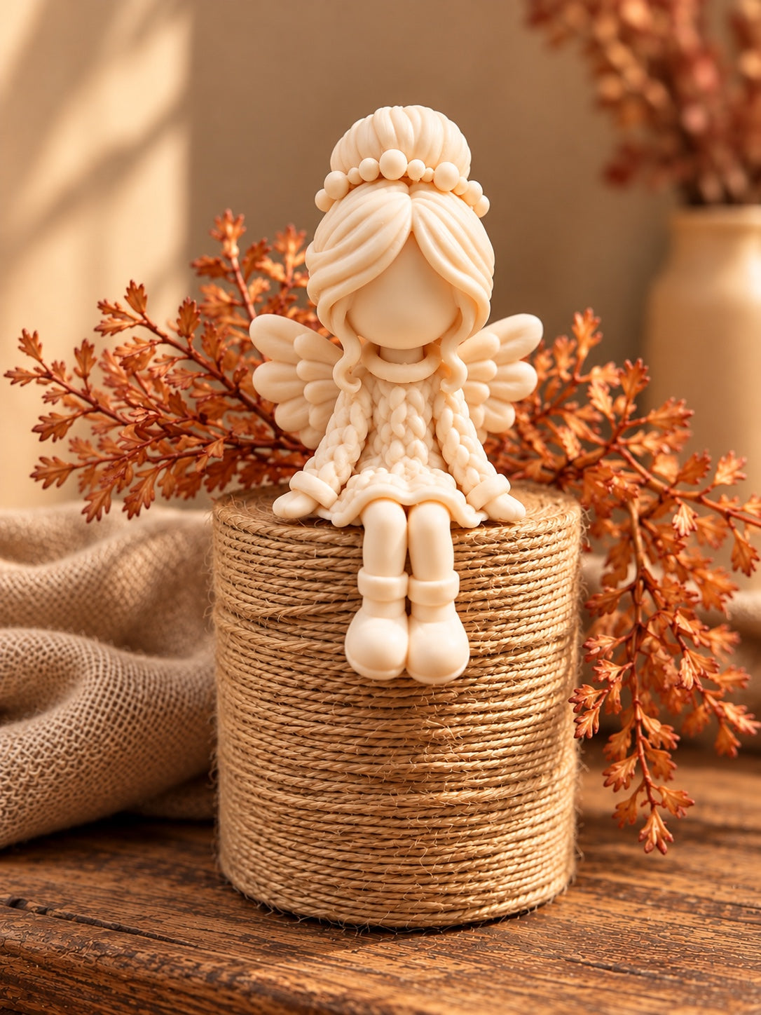 Cremefarbener 3D-gedruckter Engel-Kantenhocker auf einer Jutesäule mit herbstlicher Dekoration