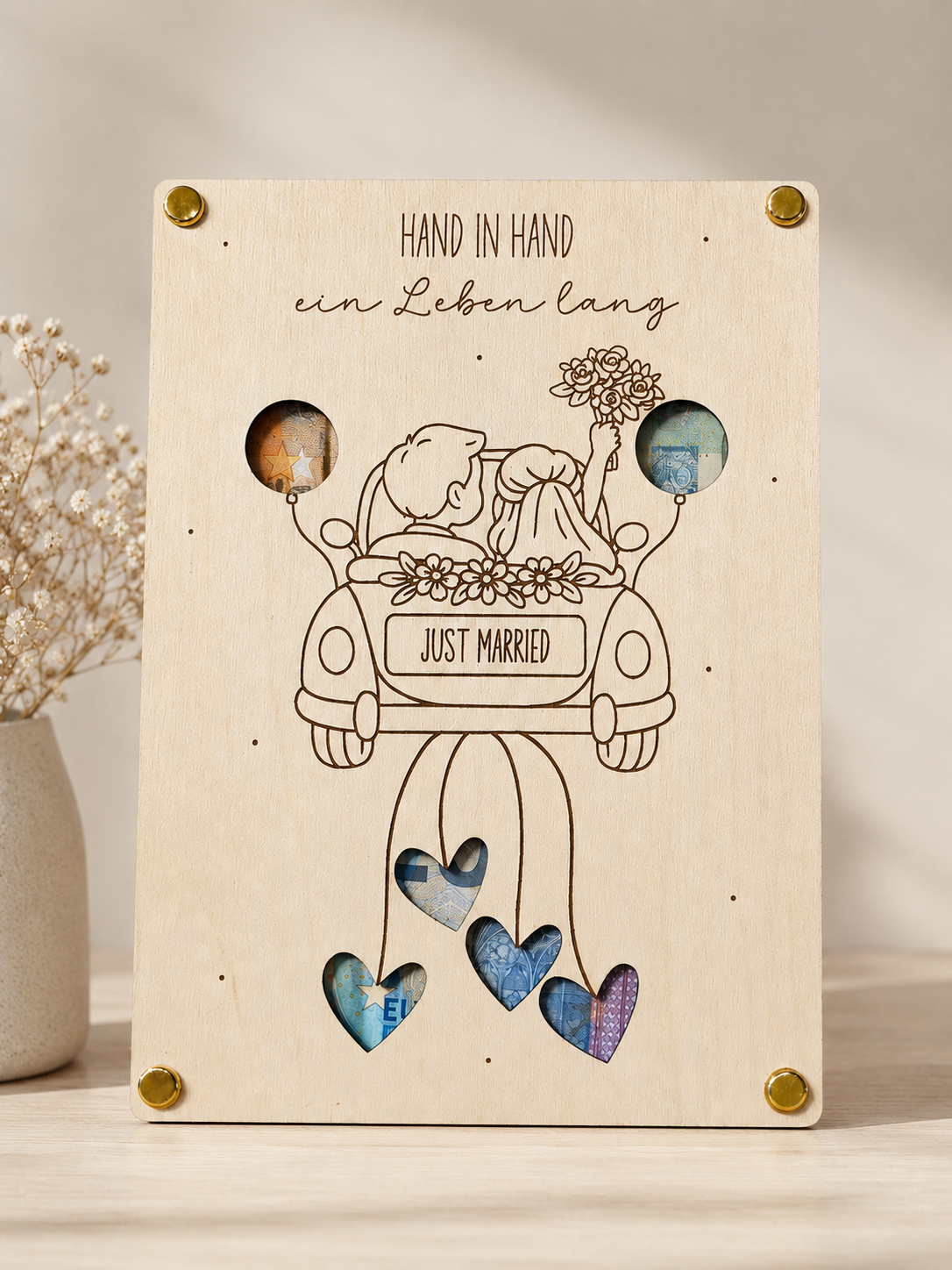 Holz-Geldgeschenk zur Hochzeit „Hand in Hand