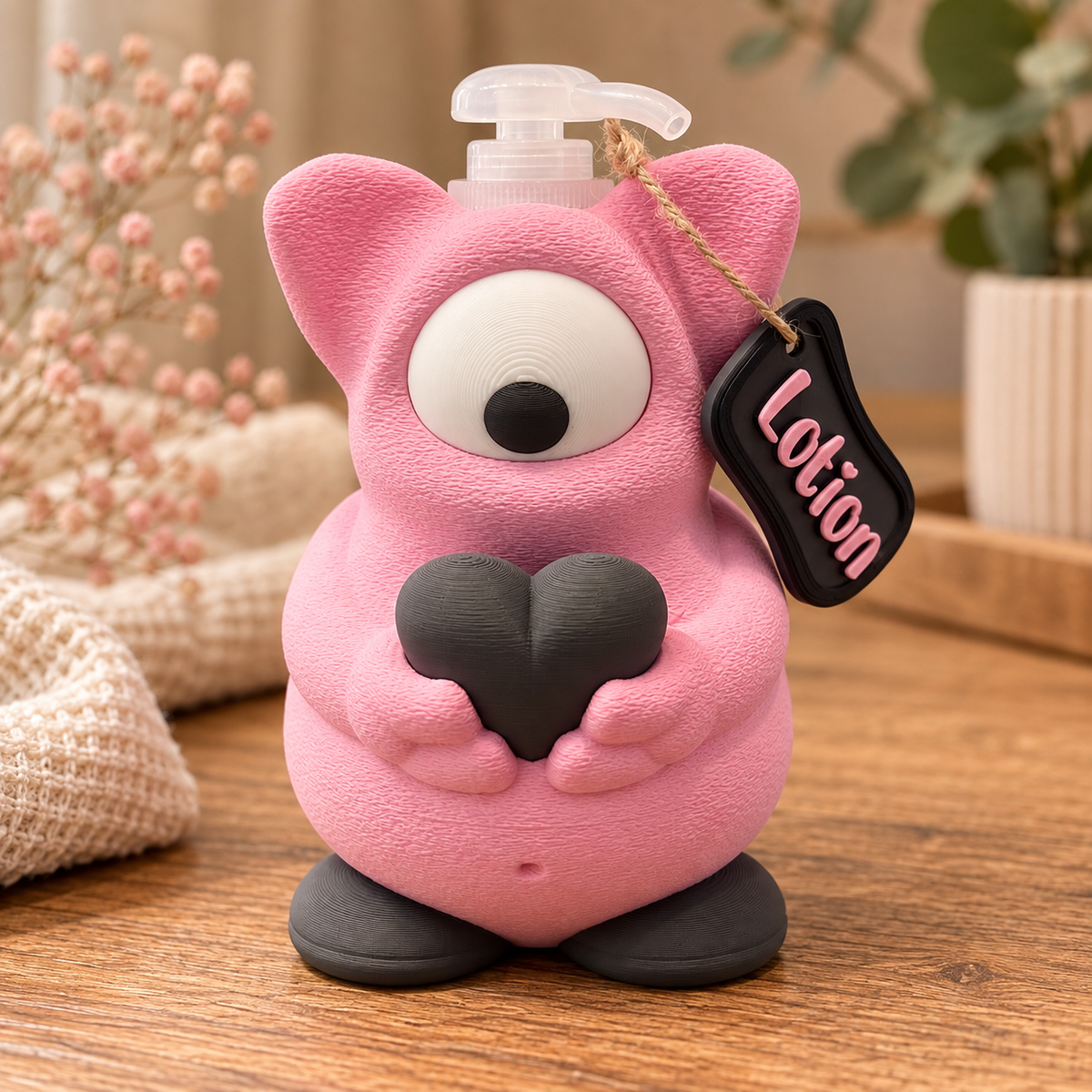 Rosa Monster Seifenspender mit Pumpspender und Herz