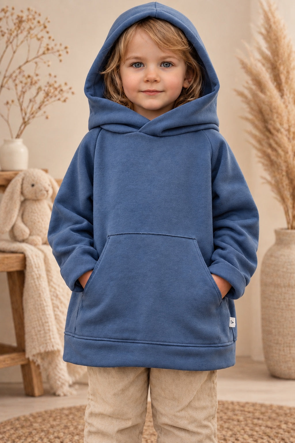 Blauer Oversize-Kinderhoodie mit Kapuze und Kängurutasche