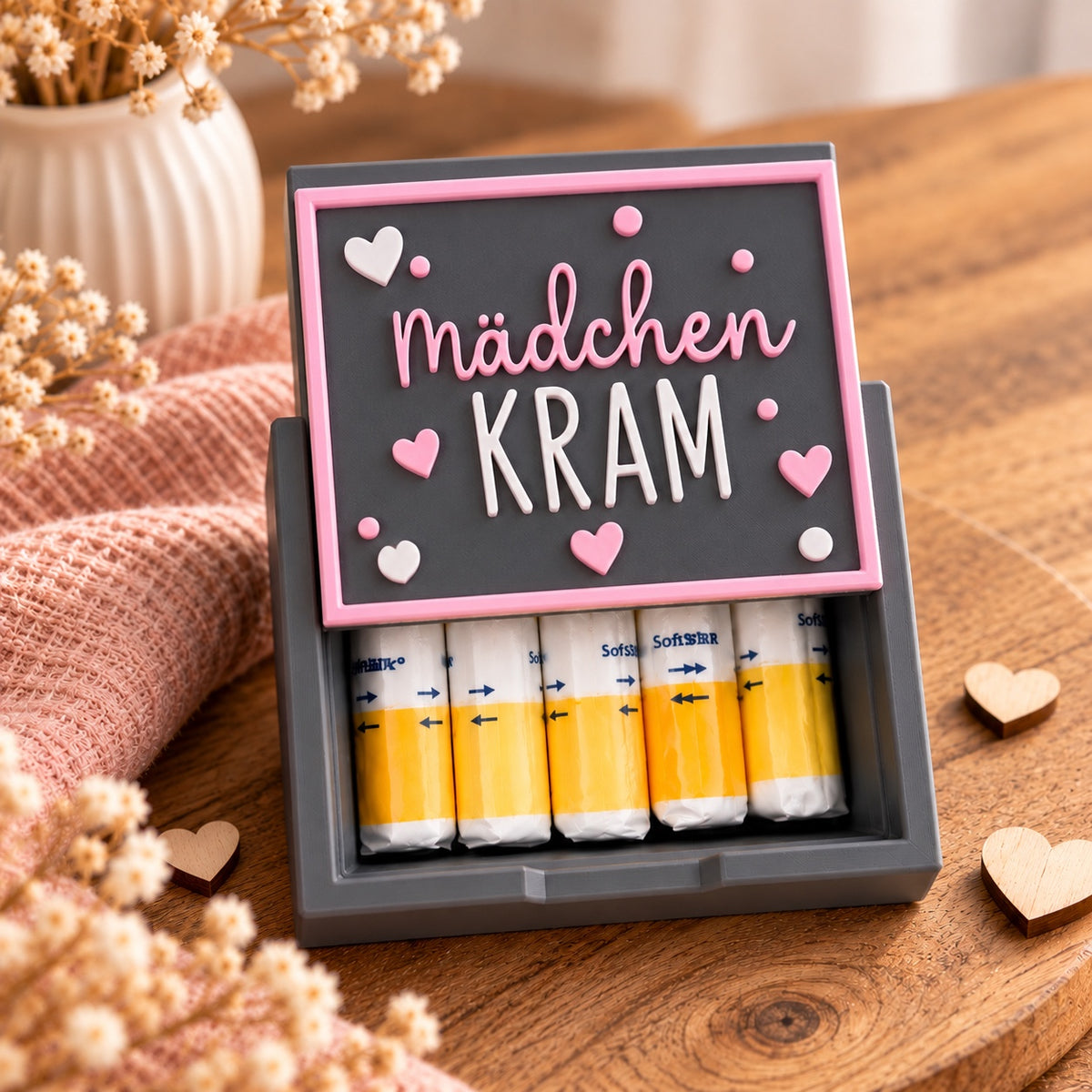 3D-gedruckte Tamponbox mit Deckelmotiv Mädchen KRAM