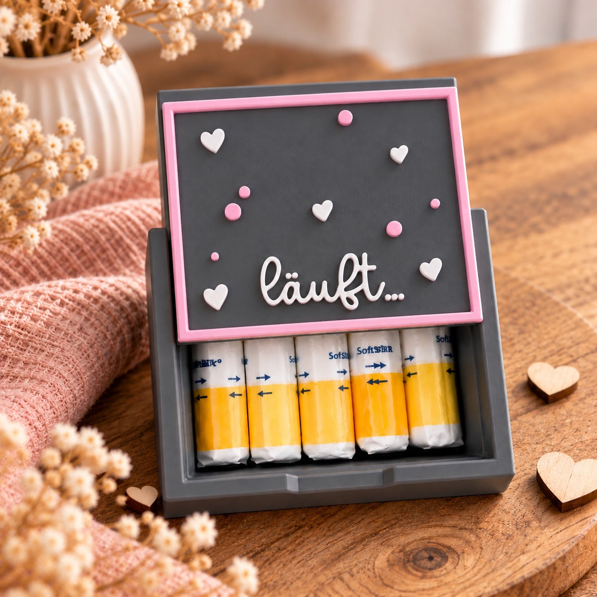 3D-gedruckte Tamponbox mit Deckelmotiv Läuft