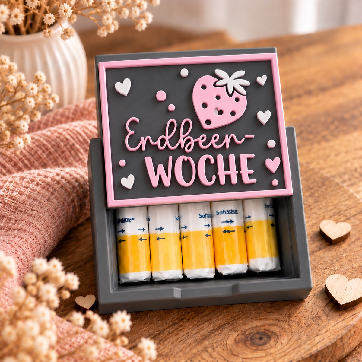 3D-gedruckte Tamponbox mit Deckelmotiv Endbeer-WOCHE