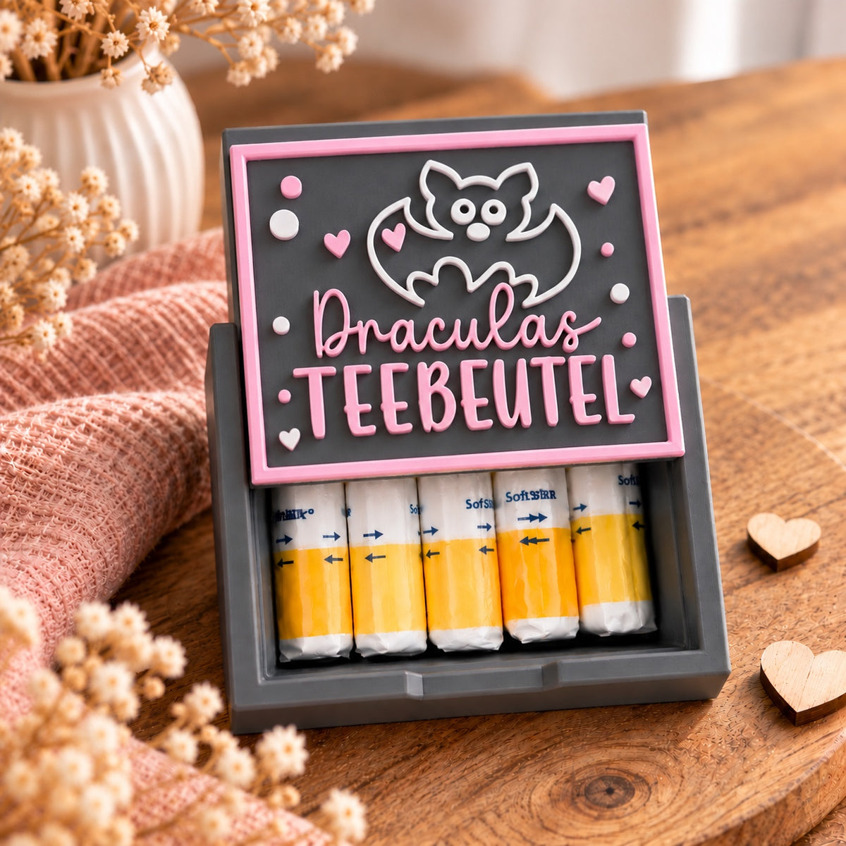 3D-gedruckte Tamponbox mit Deckelmotiv Draculas TEEBEUTEL