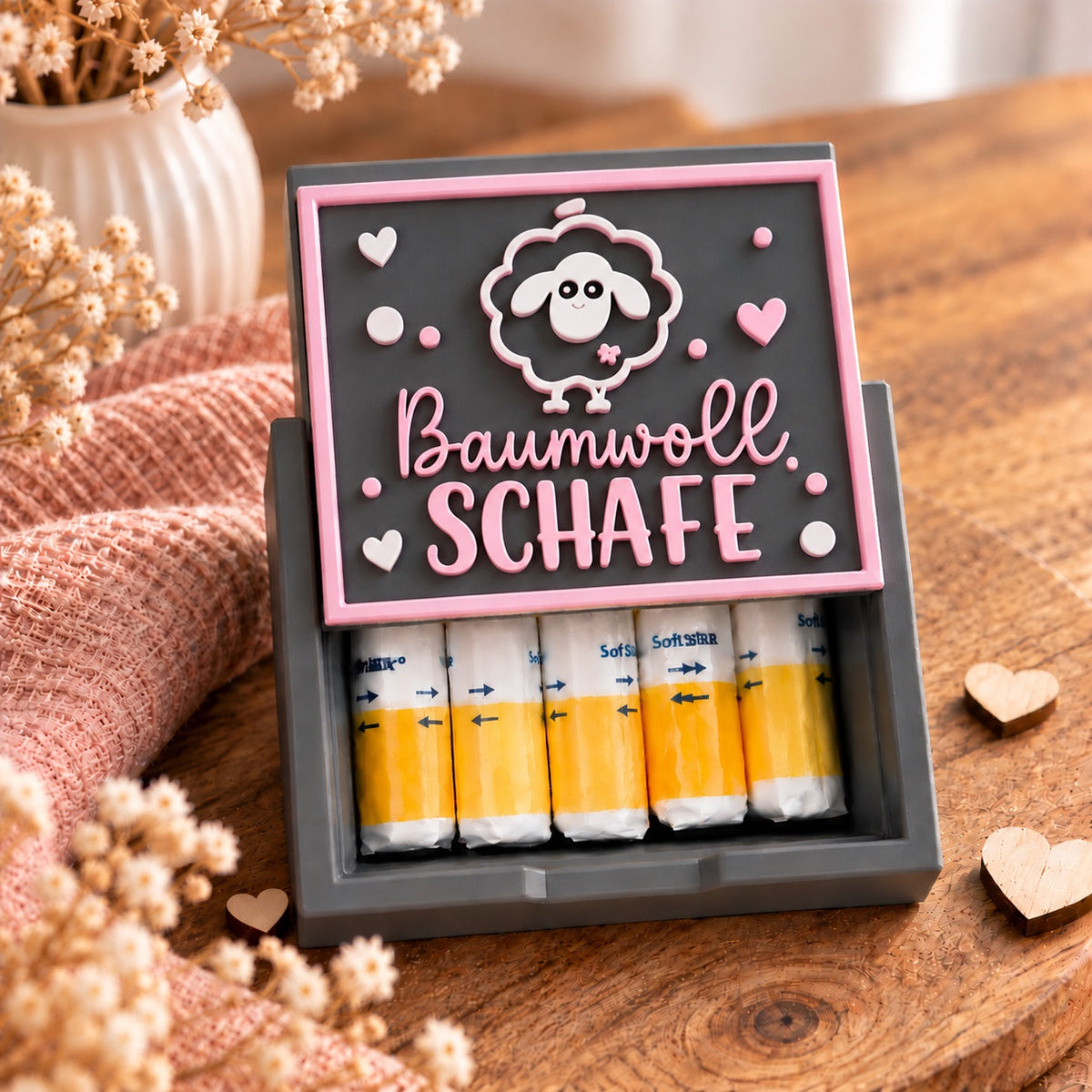 3D-gedruckte Tamponbox mit Deckelmotiv Baumwoll SCHAFE