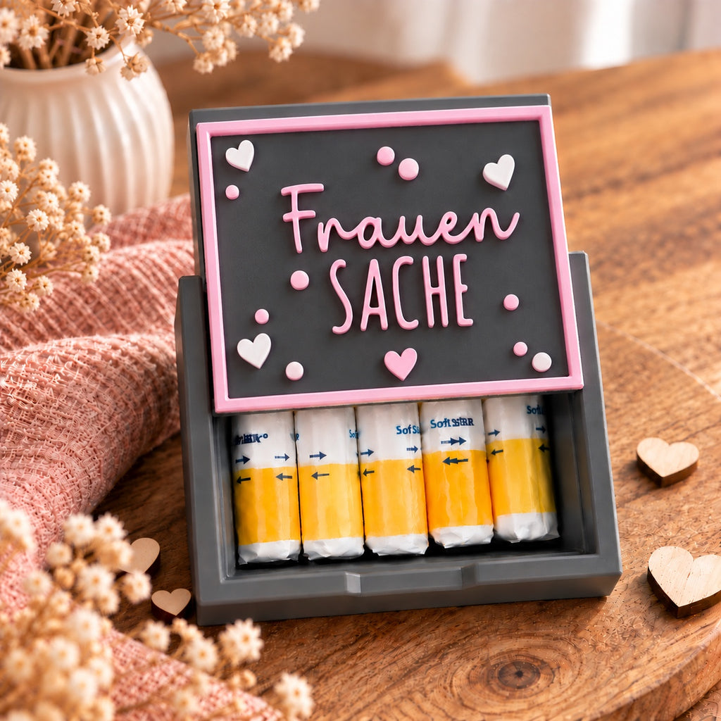 3D-gedruckte Tamponbox mit Deckelmotiv Frauen SACHE