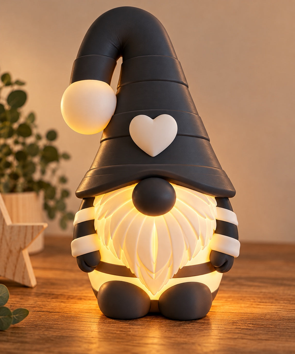 Großer 34 cm 3D-gedruckter Wichtel mit warm leuchtendem Bart, LED inklusive