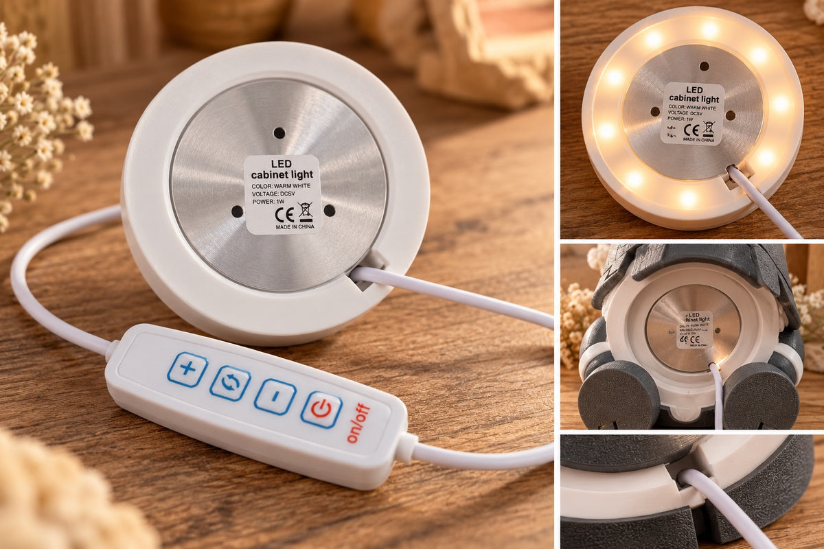 Detailansichten der LED-Lampe mit Kabel-Fernbedienung und Einbau im Wichtel